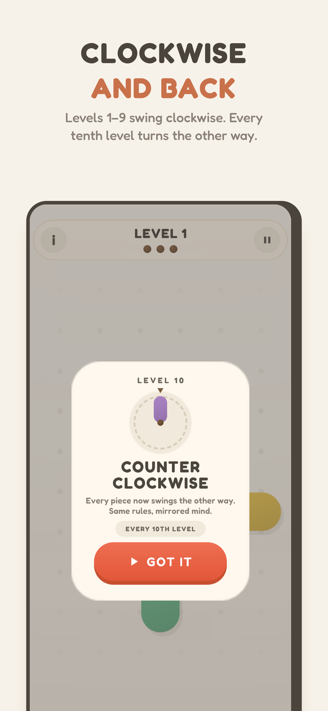 Clockwise and back: every tenth level swings the other way.